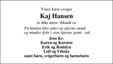 Dødsannoncen for  Kaj Hansen - Ikast