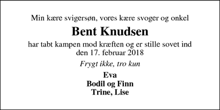 Dødsannoncen for Bent Knudsen - Bording Stationsby