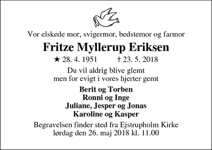 Dødsannoncen for Fritze Myllerup Eriksen - Bording