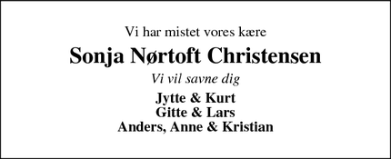 Dødsannoncen for Sonja Nørtoft Christensen - Ikast