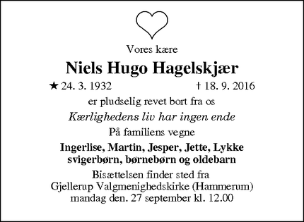 Dødsannoncen for Niels Hugo Hagelskjær - Ikast