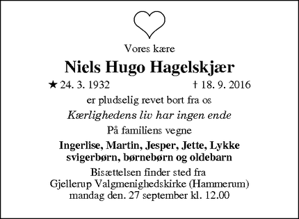 Dødsannoncen for Niels Hugo Hagelskjær - Ikast