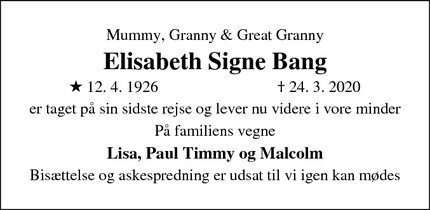 Dødsannoncen for Elisabeth Signe Bang - københavn