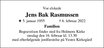 Dødsannoncen for Jens Bak Rasmussen - København