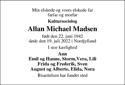 Dødsannoncen for Allan Michael Madsen - København