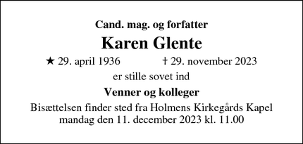 Dødsannoncen for Karen Glente - Virum