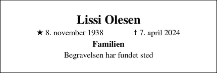 Dødsannoncen for Lissi Olesen - Lejre