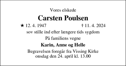 Dødsannoncen for Carsten Poulsen - Hadsten