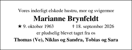 Dødsannoncen for Marianne Brynfeldt - Farum