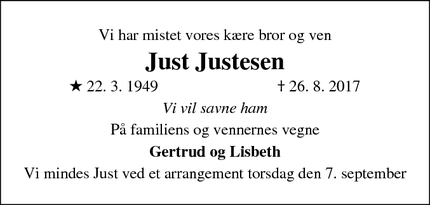 Dødsannoncen for Just Justesen - København