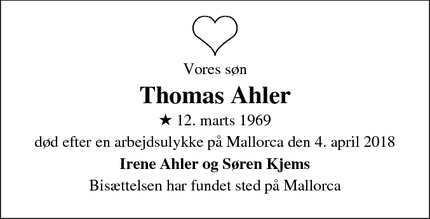 Dødsannoncen for Thomas Ahler - Århus C