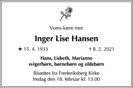 Dødsannoncen for Inger Lise Hansen - København V
