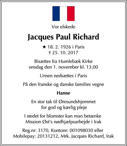 Dødsannoncen for  Jacques Paul Richard - Humlebæk