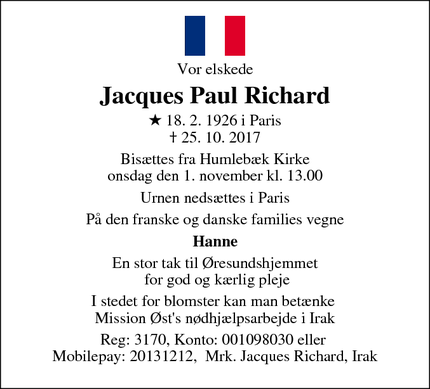 Dødsannoncen for Jacques Paul Richard - Humlebæk