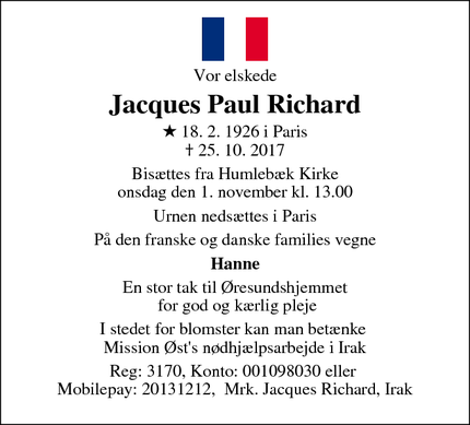 Dødsannoncen for  Jacques Paul Richard - Humlebæk