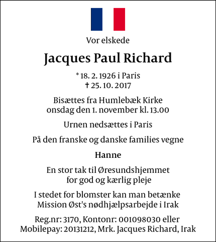Dødsannoncen for Jacques Paul Richard - Humlebæk
