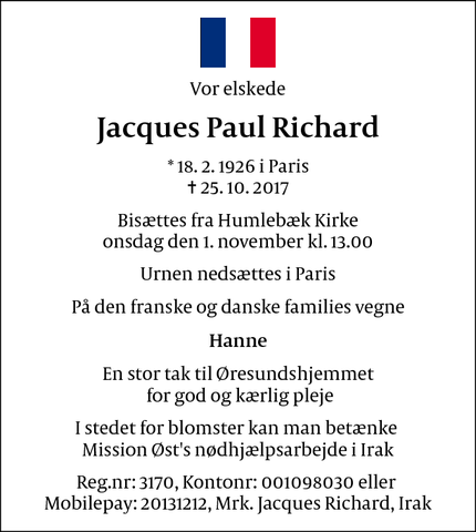 Dødsannoncen for  Jacques Paul Richard - Humlebæk