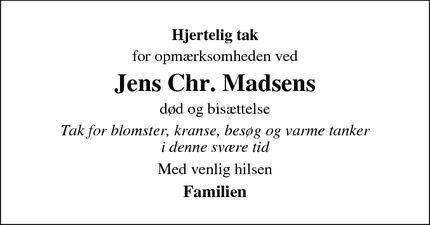 Taksigelsen for  Jens Chr. Madsens - Roslev