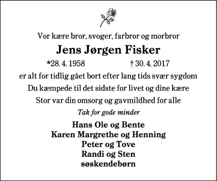 Dødsannoncen for  Jens Jørgen Fisker - Tistrup