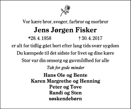Dødsannoncen for  Jens Jørgen Fisker - Tistrup