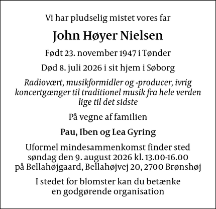 Dødsannoncen for  John H&oslash;yer Nielsen - Søborg