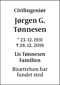Dødsannoncen for  Jørgen G.
Tønnesen - Birkerød