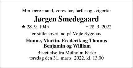 Dødsannoncen for Jørgen Smedegaard - Vejle