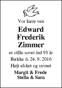 Dødsannoncen for Edward Frederik Zimmer - Bække