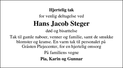 Dødsannoncen for Hans Jacob Steger - Gråsten