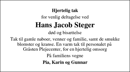 Dødsannoncen for Hans Jacob Steger - Gråsten
