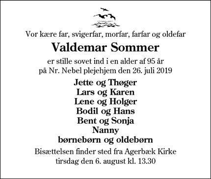Dødsannoncen for Valdemar Sommer - Nr. Nebel