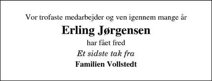 Dødsannoncen for Erling Jørgensen - Haderslev