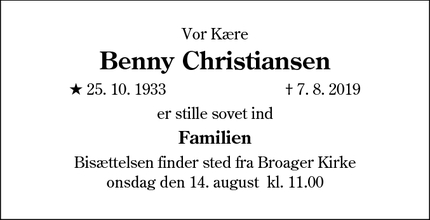Dødsannoncen for Benny Christiansen - broager