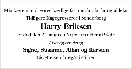 Dødsannoncen for Harry Eriksen - Vejle