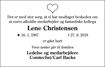 Dødsannoncen for Lene Christensen - Esbjerg