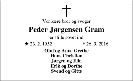 Dødsannoncen for Peder Jørgensen Gram - Nustrup