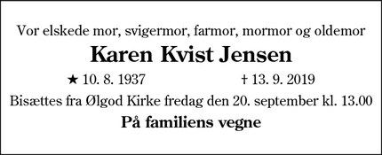 Dødsannoncen for Karen Kvist Jensen - Ølgod