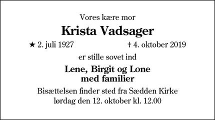 Dødsannoncen for Krista Vadsager - Esbjerg