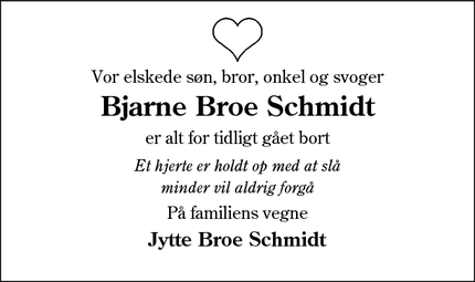 Dødsannoncen for Bjarne Broe Schmidt - Hodde