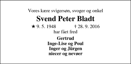 Dødsannoncen for Svend Peter Bladt - Lysabild
