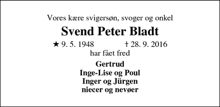 Dødsannoncen for Svend Peter Bladt - Lysabild