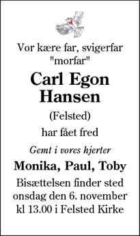 Dødsannoncen for Carl Egon
Hansen - Feldtef