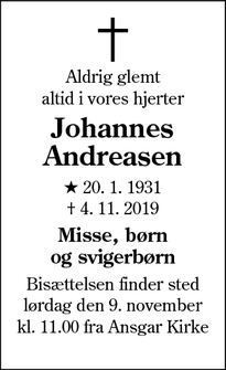 Dødsannoncen for Johannes
Andreasen - Bramming