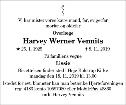 Dødsannoncen for Harvey Werner Vennits - Aabenraa