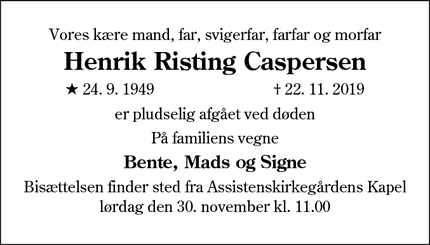 Dødsannoncen for Henrik Risting Caspersen - Haderslev 