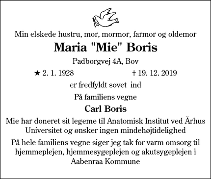 Dødsannoncen for Maria "Mie" Boris - Padborg
