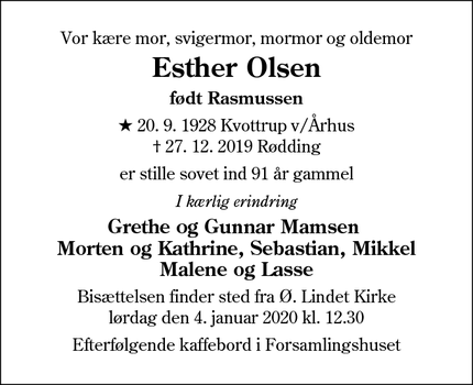 Dødsannoncen for Esther Olsen - 6630 Rødding i Sønderjylland