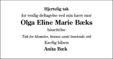 Dødsannoncen for Olga Eline Marie Bæks - Kolding