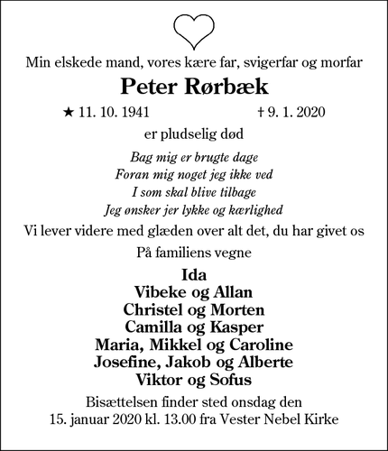 Dødsannoncen for Peter Rørbæk - V.nebel, 6040 Egtved 