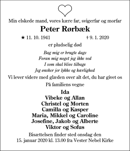 Dødsannoncen for Peter Rørbæk - V.nebel, 6040 Egtved